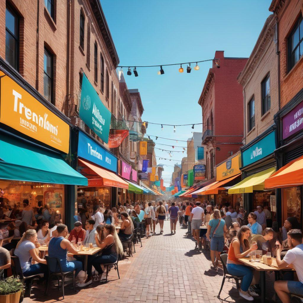 A vibrant community scene showcasing diverse people engaging in various lifestyle and entertainment activities, such as attending outdoor events, watching street performances, and exploring trendy cafes. Include colorful banners displaying ‘Trending Now!’ and lively street art to emphasize the energetic atmosphere. Add elements representing social media and technology to indicate connection and engagement. super-realistic. vibrant colors. dynamic composition.